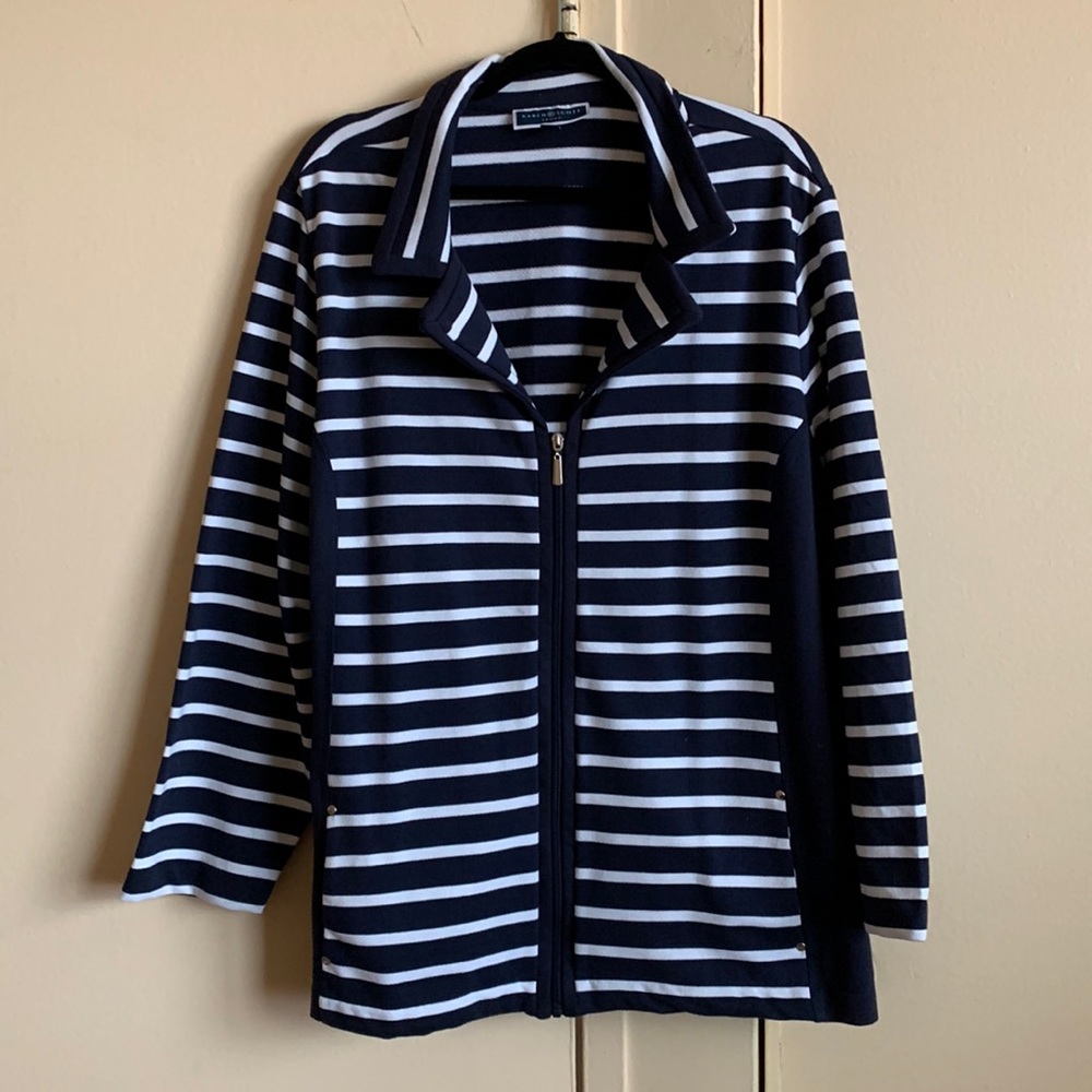 Blue and white zip-front top